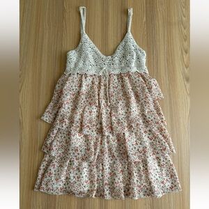 Allen B Allen Schwartz Crochet Ditzy Floral Tiered Mini Dress 14 Boho Babydoll